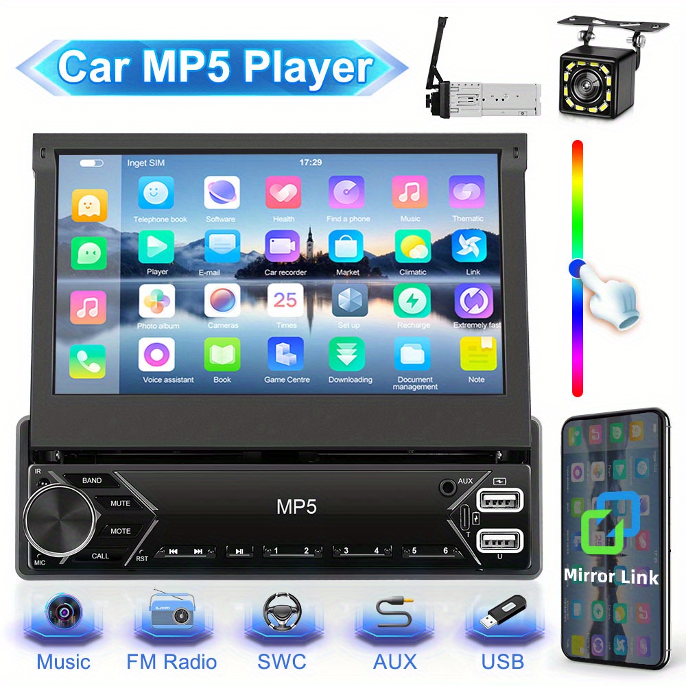 

7-inch Touchscreen Single Din Car Radio With Wireless Mp5 Player, Fm/aux , & Steering Wheel Controls - Fit