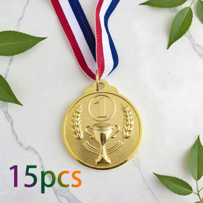 E-shop 15 Stk. personalisierbare Sportmedaillen aus Zinklegierung mit Text – Auszeichnungs-Trophäen mit Rangfolge-Muster – personalisierbarer Text auf