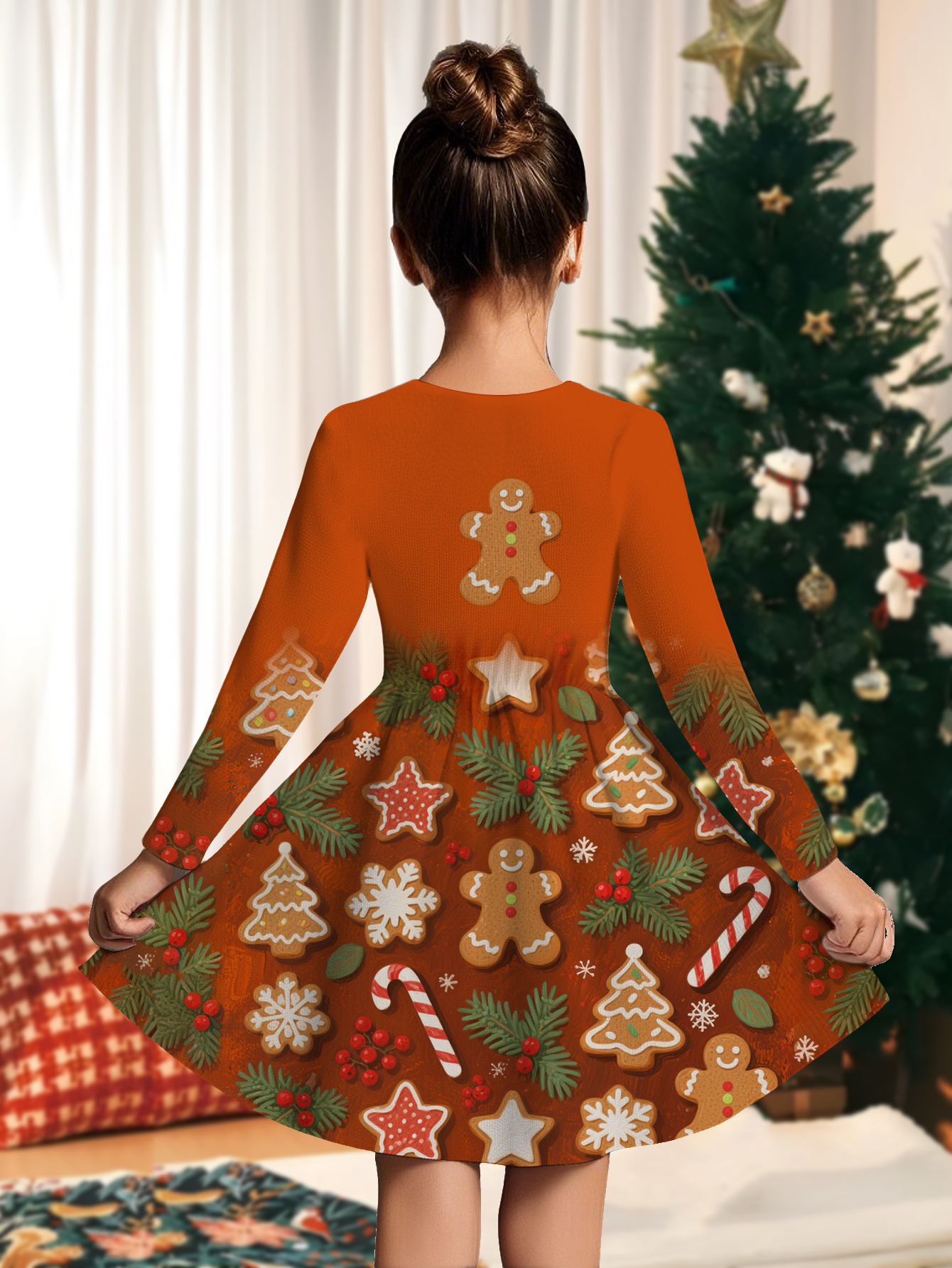 1pc girls gingerbread print christmas dress long sleeves - Temu Italy