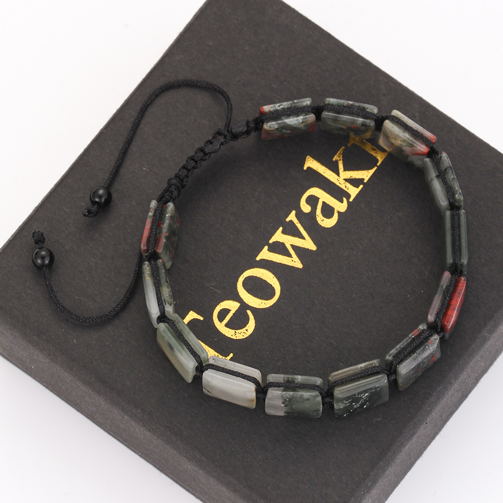 1 ročno izdelana afriška zapestnica iz kamenja krvnega kamna, nastavljiva črna vrvica s pravokotnimi kroglicami iz kamenja krvnega kamna, boho