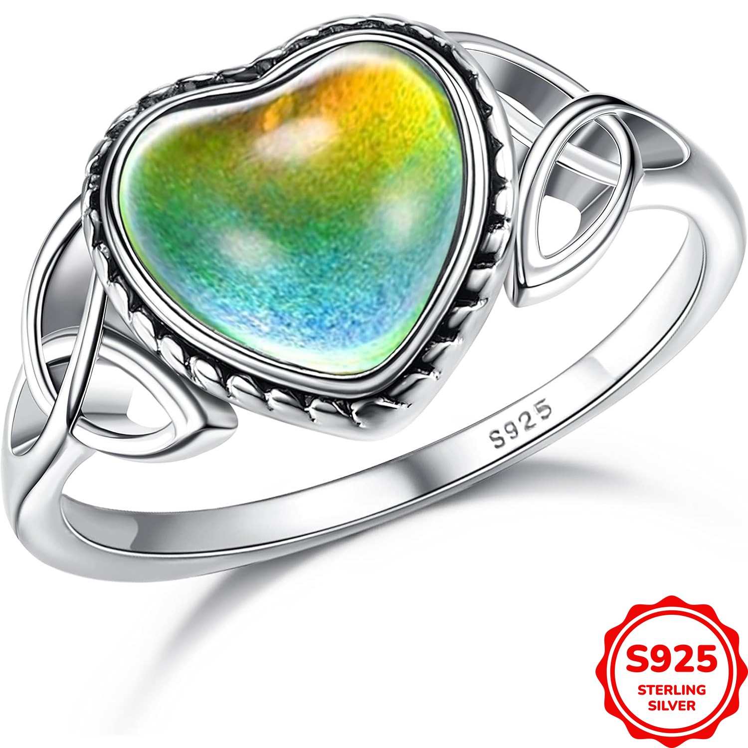 Image of 1pc 925 Sterling Silver Mood Ring For Women Heart Ring Temperature Control Color Change Mood Ring Vintage Celtic Rings Finger Statement Ring Gifts For Women 1.6g/0.06oz