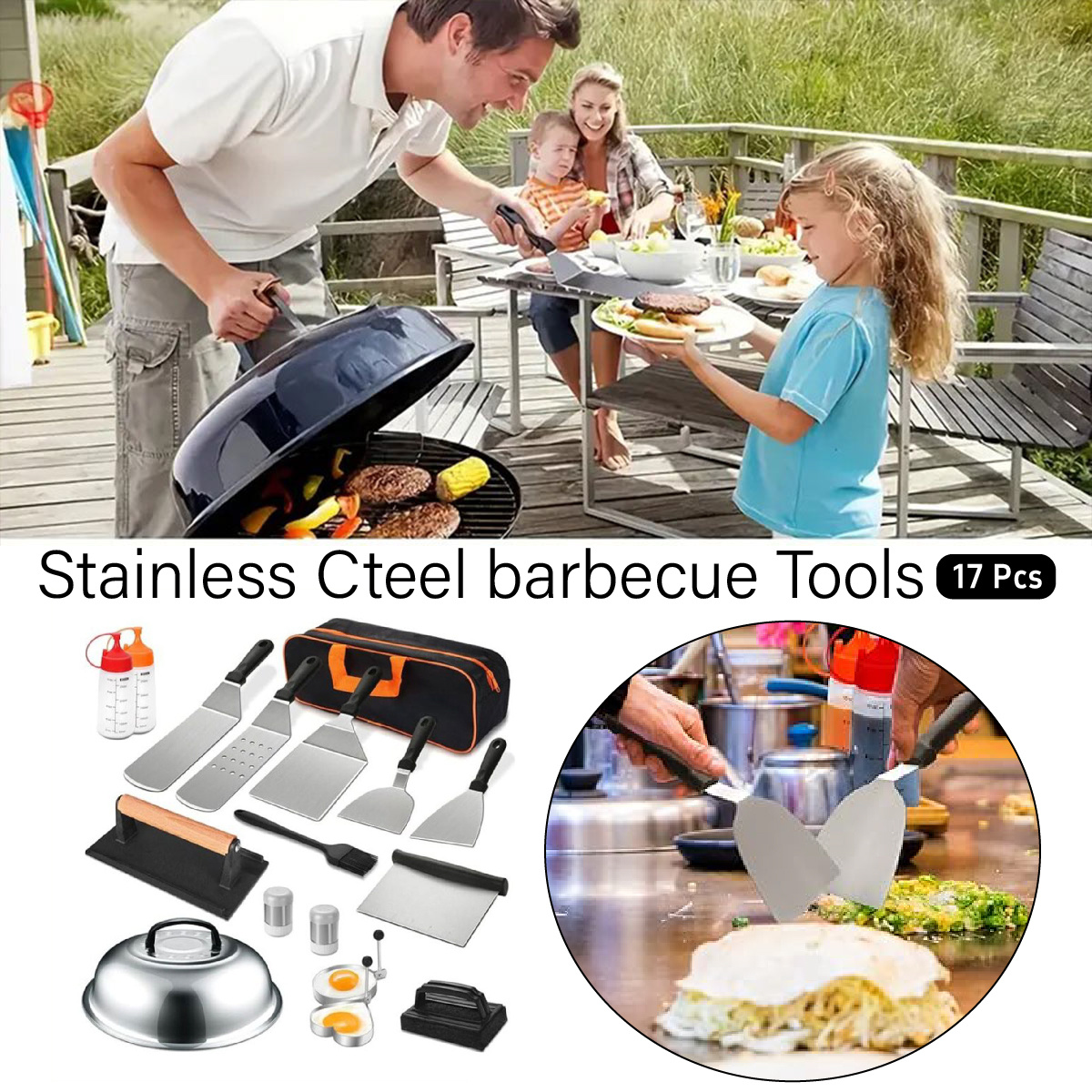 TEMU 17pcs Stainless Steel Bbq Grill Accessory Kit, Uncharged Set, Frying Shovel, Pot , Supplies, For Cooking, Camping &