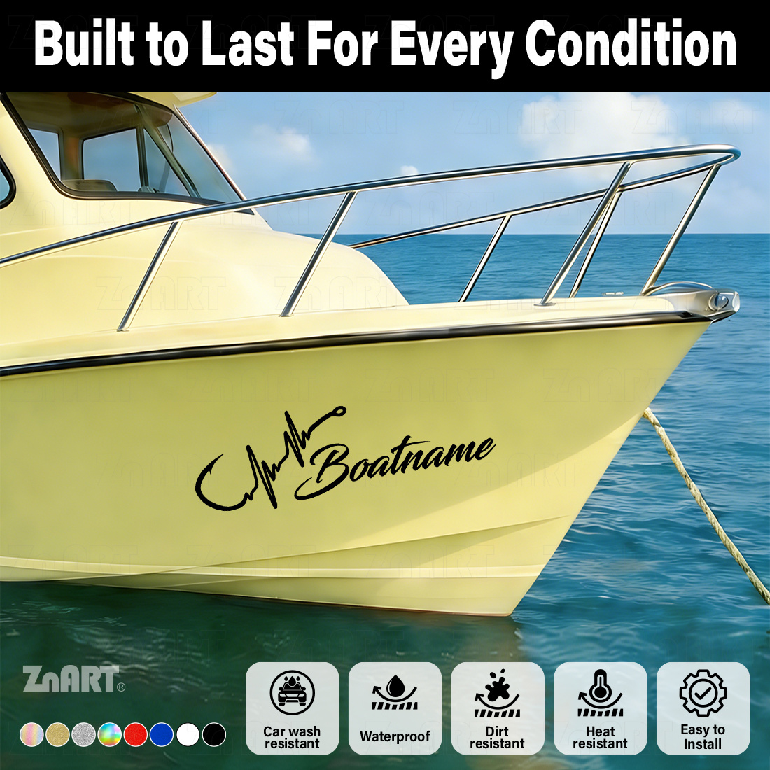 Custom Fish Hook Heartbeat Marine-Grade Reflective Boat Name Sticker