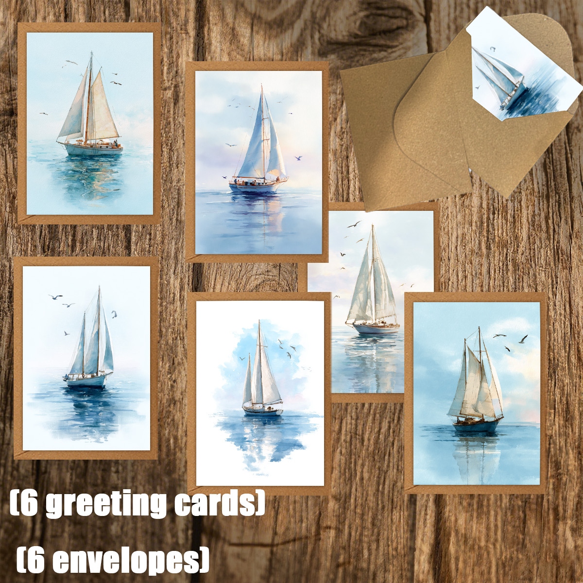 TEMU 6pcs/12pcs Fun Greeting Cards - Sailboat Sailing On The Sea. Patterned Holiday Cards + Envelope Set | Blank Inside | Suitable For Holidays,