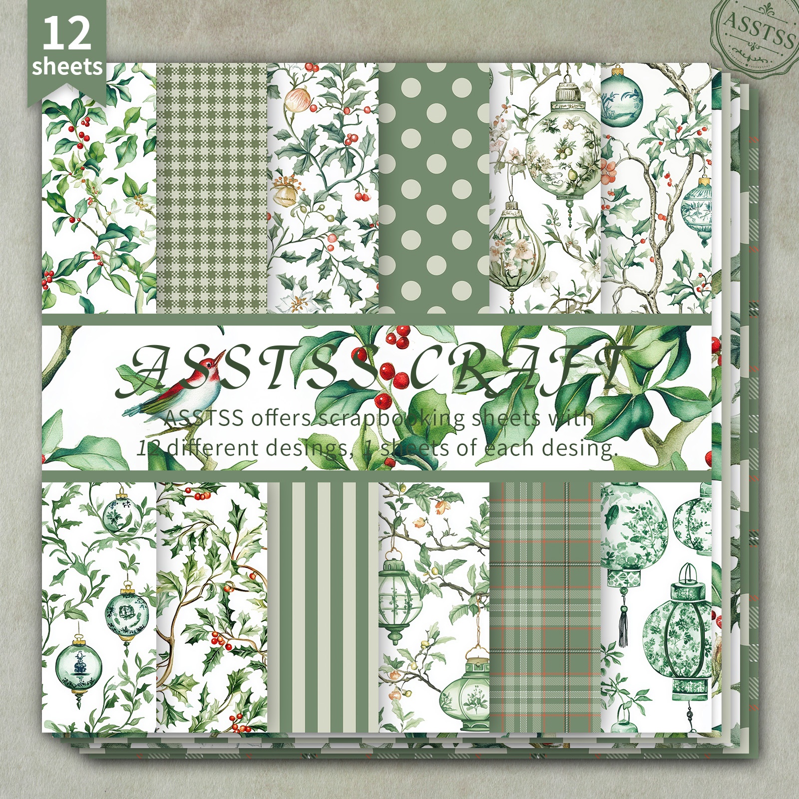 TEMU 12-sheet Asstss 6*6inch Scrapbooking Paper Pad,christmas Chinoiserie Sage Holly Bird Ornament Vintage Style Backing Paper Supplies, Heavyweight