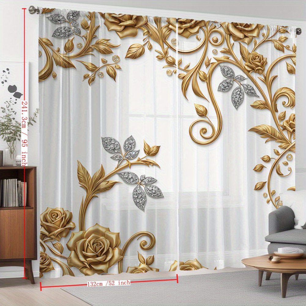 2pcs Home Decoration Curtain Silvery Leaf Golden Rose Curtain Suitable For Kitchen, Coffee Shop, Living Room, Dining Room, Balcony, Garden, Bedroom