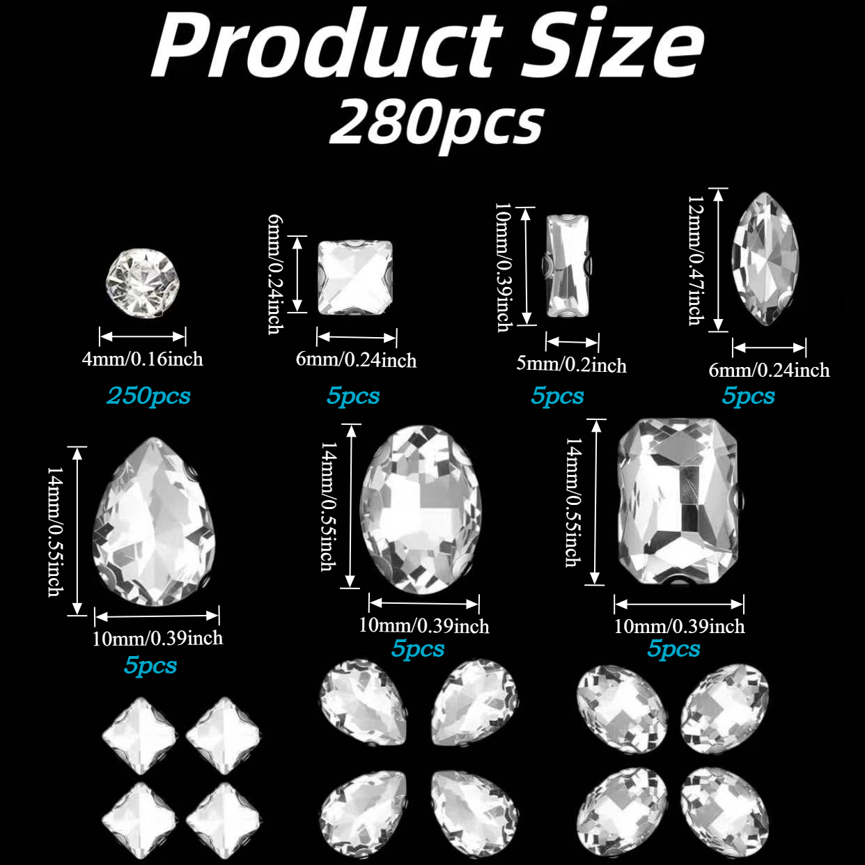 Image of 280pcs Of Assorted Sew-on Rhinestones Featuring Shapes, Made Of Clear Glass. , Resembling Diamonds, Come With Acrylic Backing And Silver Claws, Perfect For Embellishing Crafts, Clothing, And Footwear