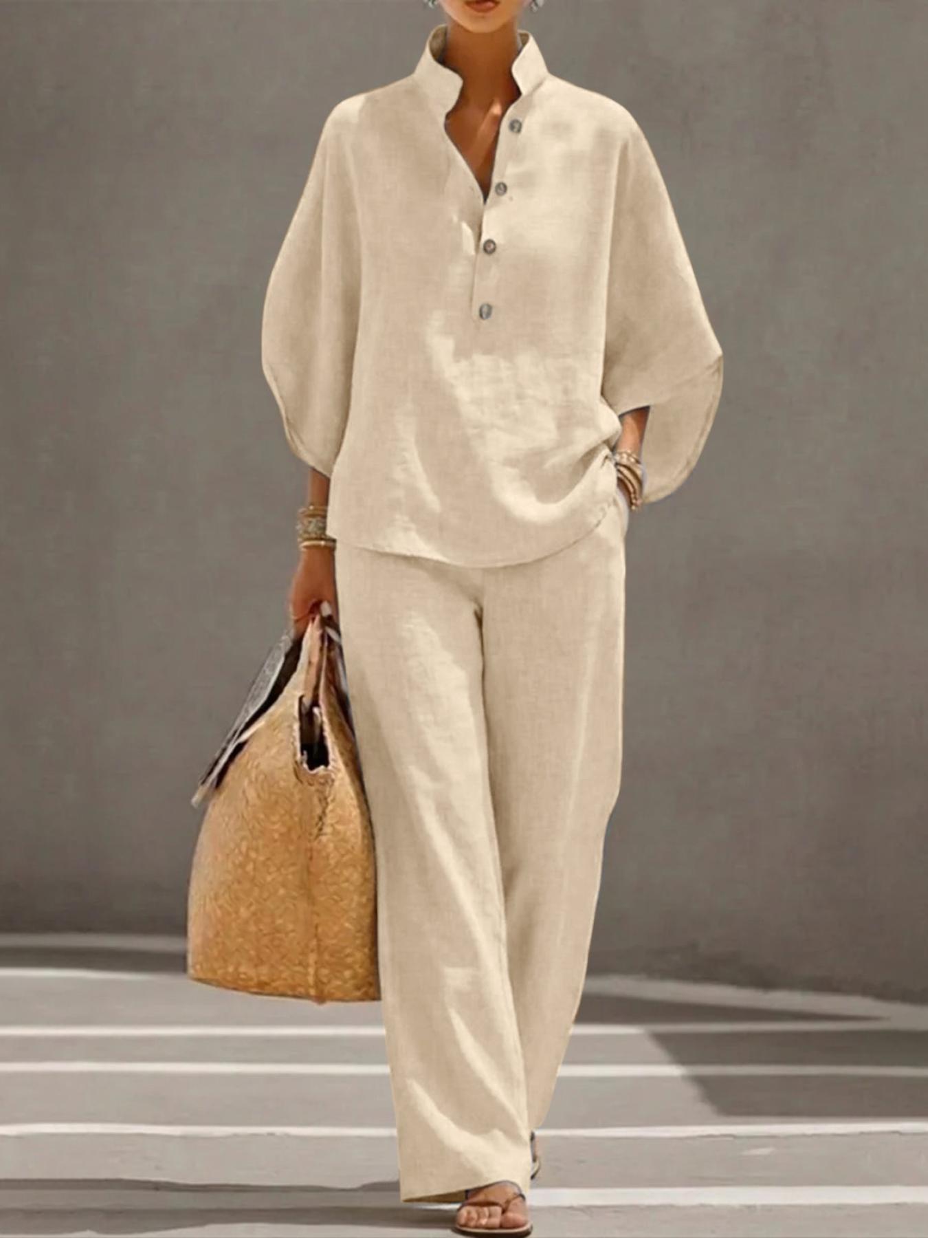 womens two piece home outfit 3 4 sleeve button v neck shirt top and wide leg pants shirt set top with cover and elastic waistband pants suitable for casual wear beach vacation outfits   summer and autumn