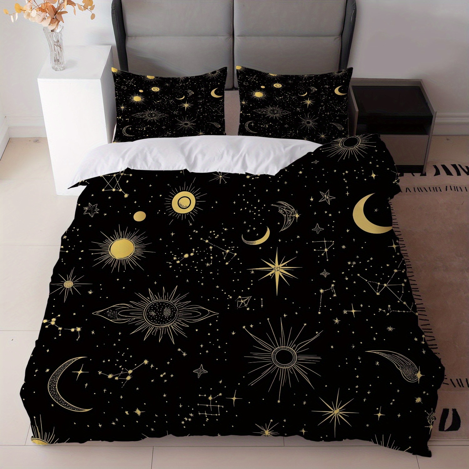TEMU 3pcs Black Golden Celestial Bedding - Pattern (1duvet Cover   2pillowcase, Without Core) - Bedroom Decor