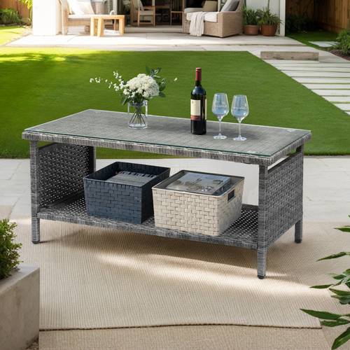 double layered black rattan woven side table measuring 35 5 by 20 by 16 inches