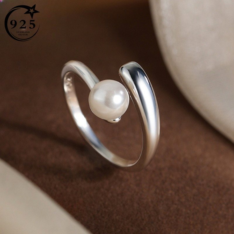 S925 Sterling Silvery Ring With Spherical Inlay, Adjustable Opening, Fashionable Accessory For Girlfriend, Light Luxury Ring.