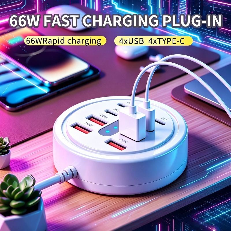 66w round usb c charging hub 8 port pd fast charger 4 usb a 4 usb c multi charger compatible with all smartphones laptops tablets