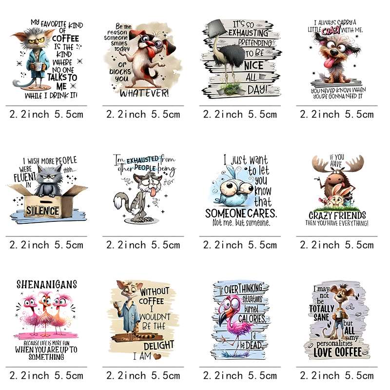 TEMU 12 Sheets/pack Of Fun Animal Coffee Quote Design Dtf Cup Packaging, Featuring Dog, Flamingo, And Elk Elements, Self-adhesive Paper Suitable For