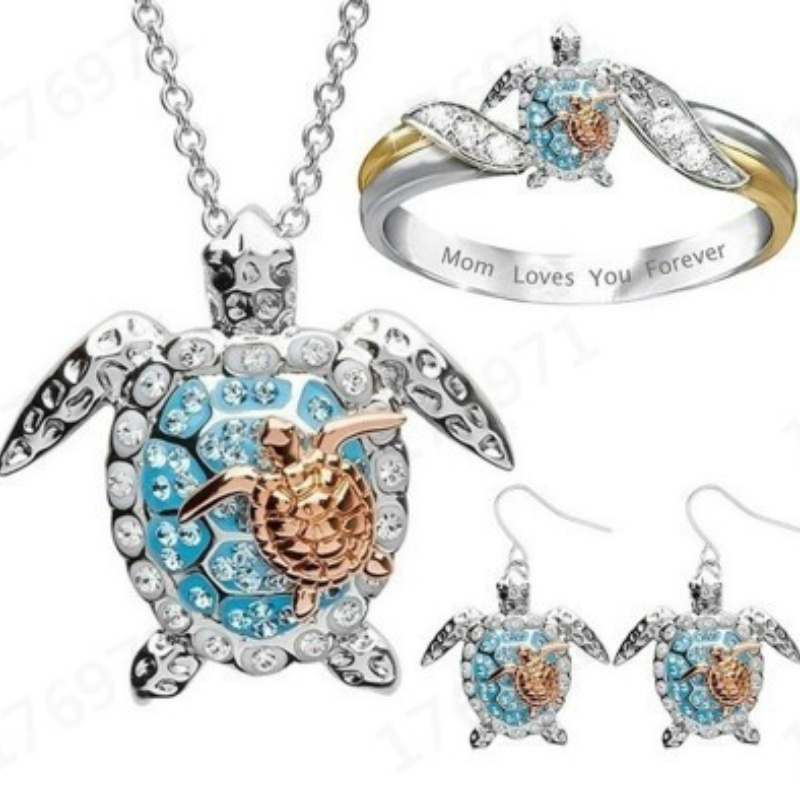 TEMU Turtle Necklace, Creative Turtle Golden Necklace + Earrings + Ring Set, S925 Silver, Inlaid Cubic Zirconia, Women's Necklace, Daily Wear,