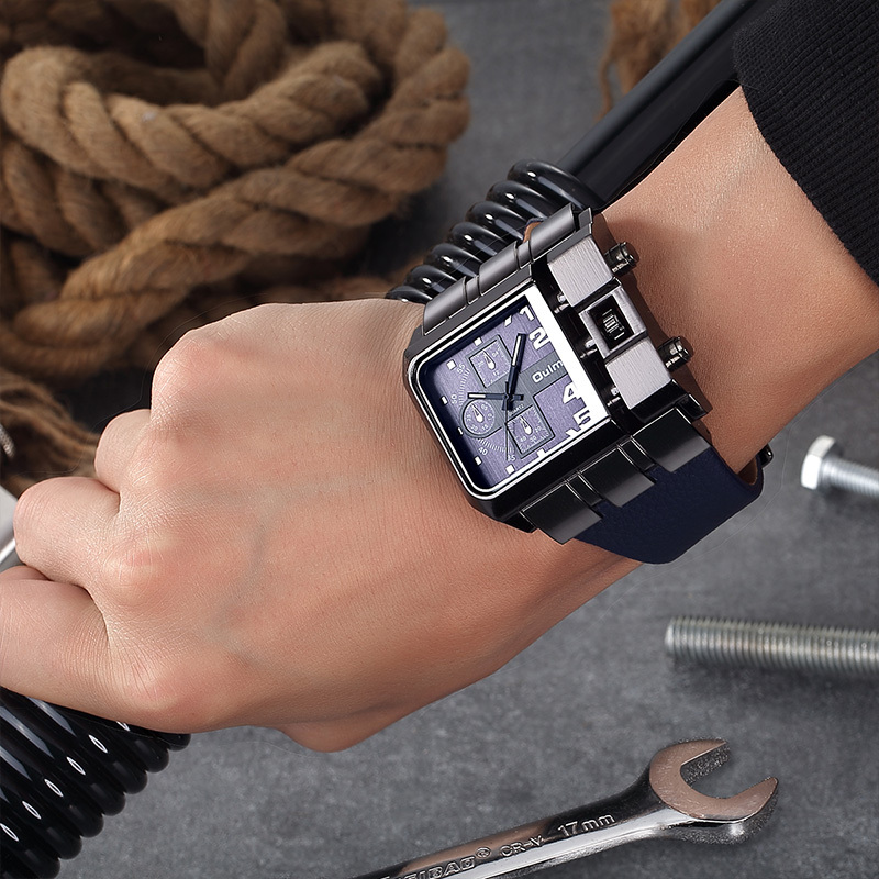   brand 3364   square men wristwatch wide big dial casual   leather strap watch male sport watches without battery details 11