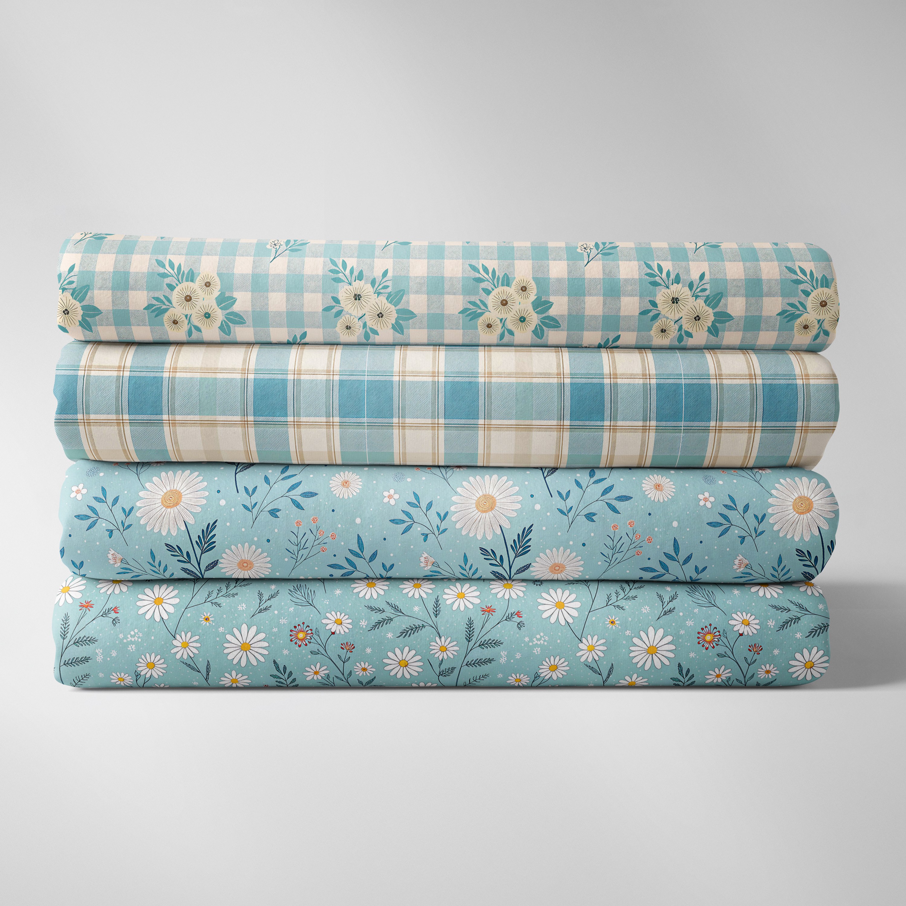 TEMU Paquete de 4 piezas de tela Fat Quarter, estampado de margaritas azules y guinga, 18"×22", tela precortada, y fácil de coser para costura DIY,