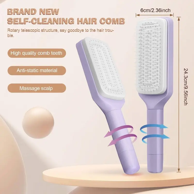 2pcs self cleaning massage brush and telescopic comb one click cleaning rotating and massage suitable all hair types purple gray detangling comb smooth bristles comb detangler comb Product details 2