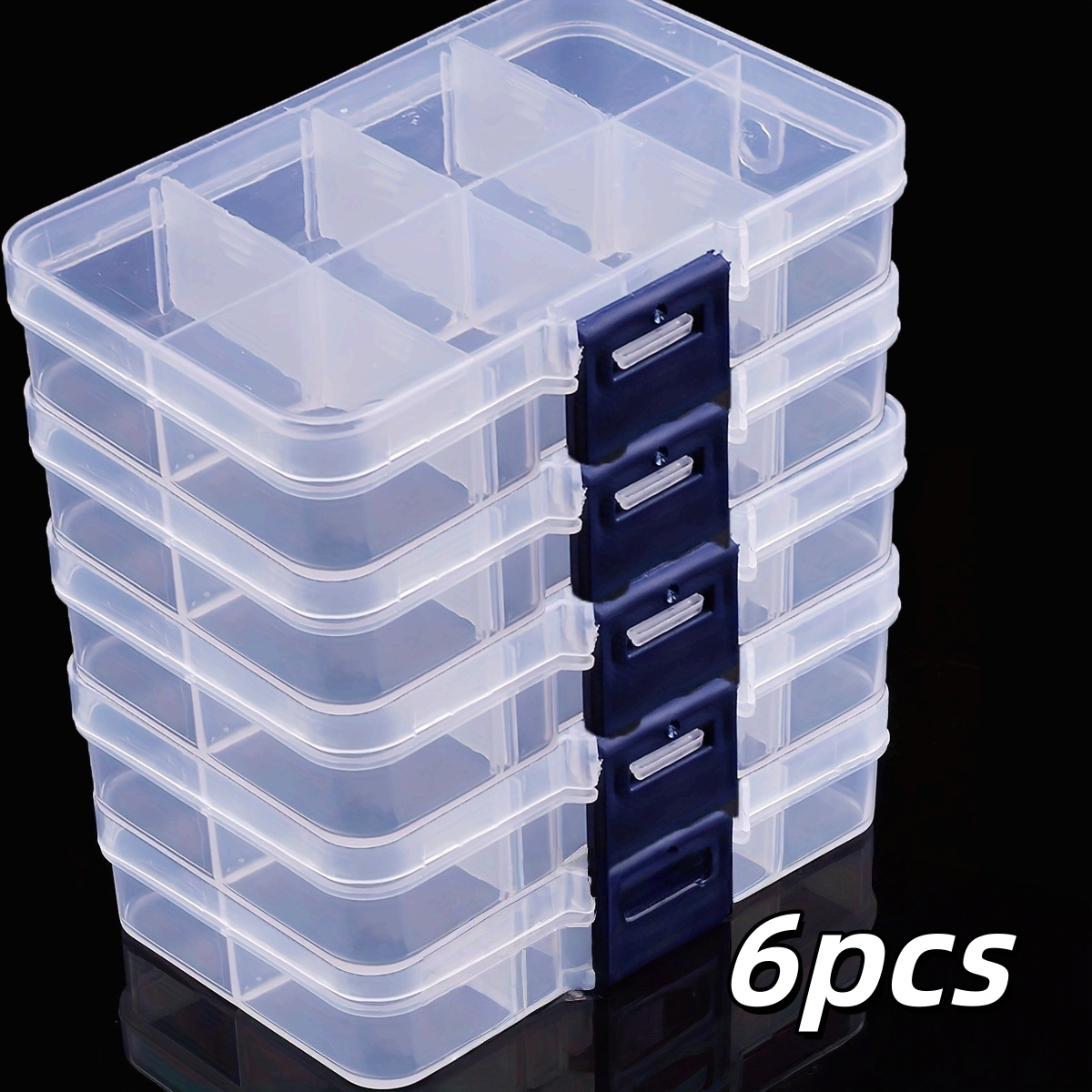 TEMU 6 boîtes de rangement en plastique transparent, séparateurs réglables - 8 compartiments, organisateur de matériel de pêche, boîte de rangement