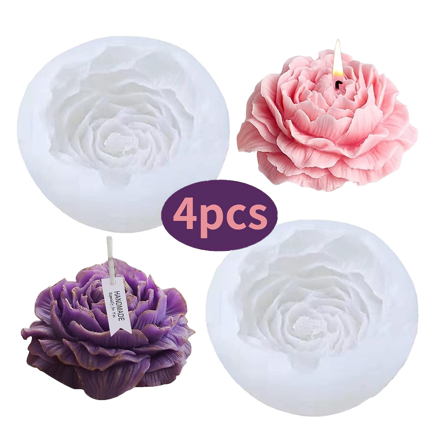 TEMU Stampo in silicone per candele a forma di peonia da 4 pezzi, Stampo fai da te per candele di aromaterapia, Stampo per ornamento decorativo per
