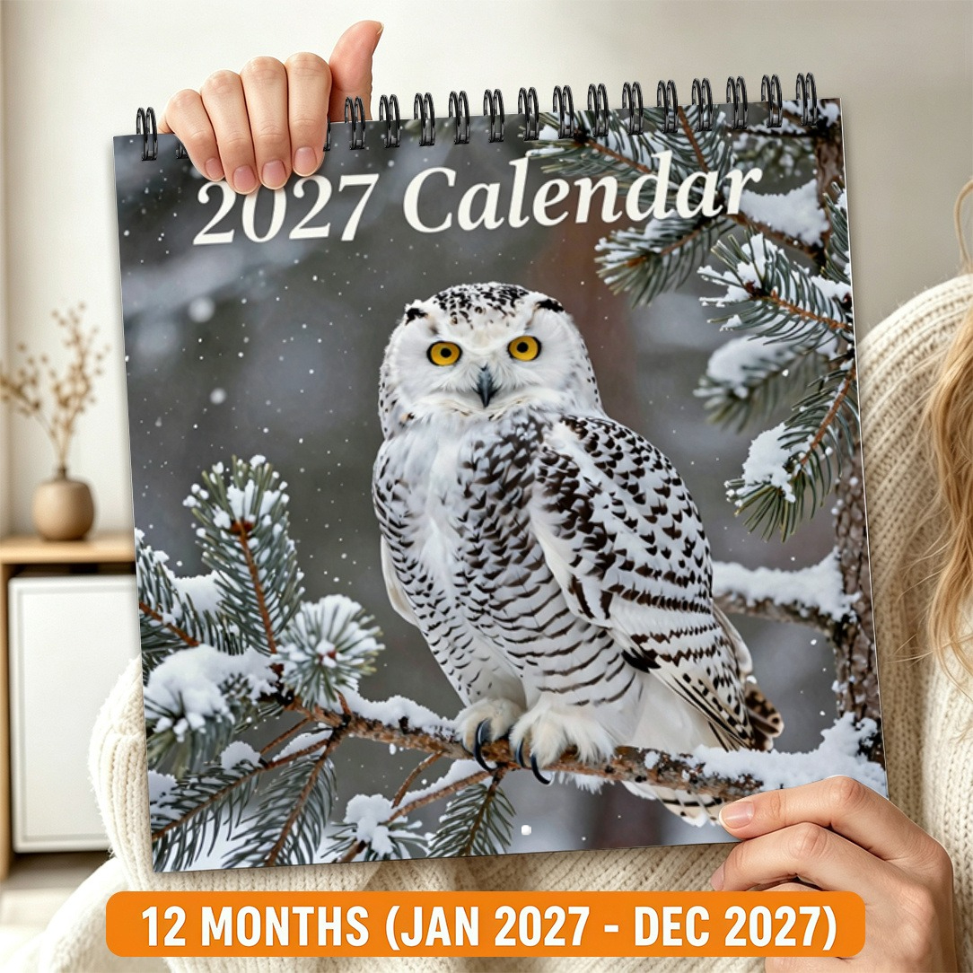 TEMU Calendrier de bureau 2D plat 1pc 2027 à spirale, enneigé, Branche de pin, Paysage de neige, Style réparateur, 8.3X8.3 pouces, Cadeau de Noël