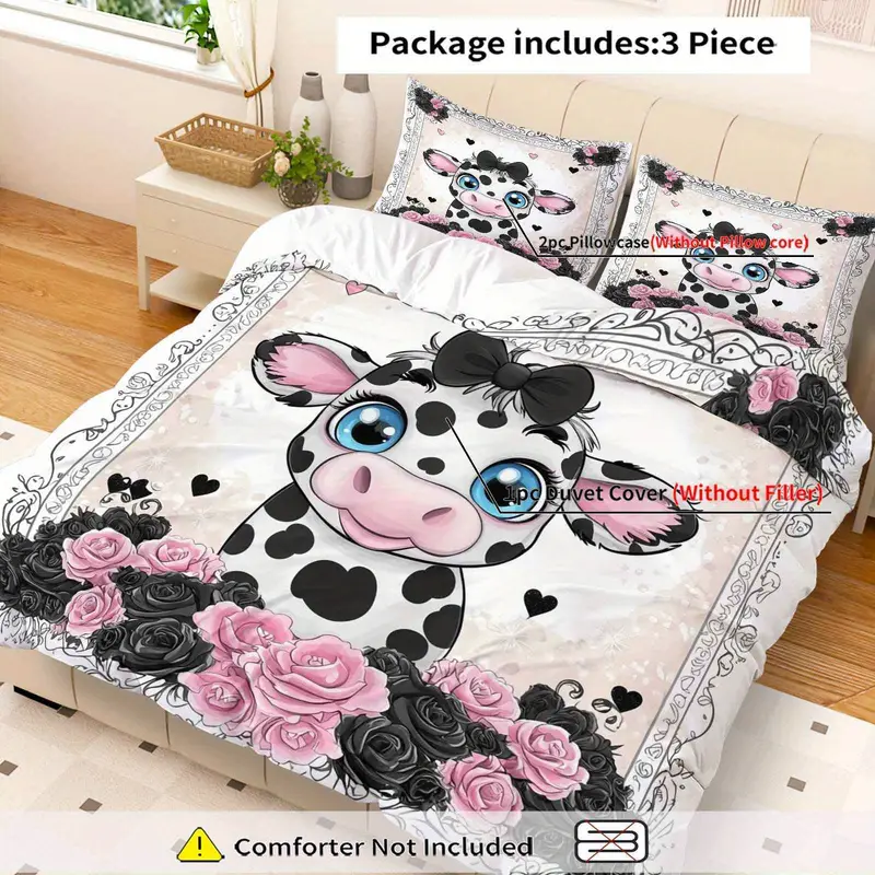 3pcs duvet cover set, 1 duvet+2 pillowcases(without filler), rose cow pattern theme, valentine s bedding set, elegant romantic suitable for decoration bedroom guestroom wedding room , holiday decoration, , stylish duvet, romantic theme, durable cover, textile, pillowcase set, decorative bedding, , couples gift Product details 6