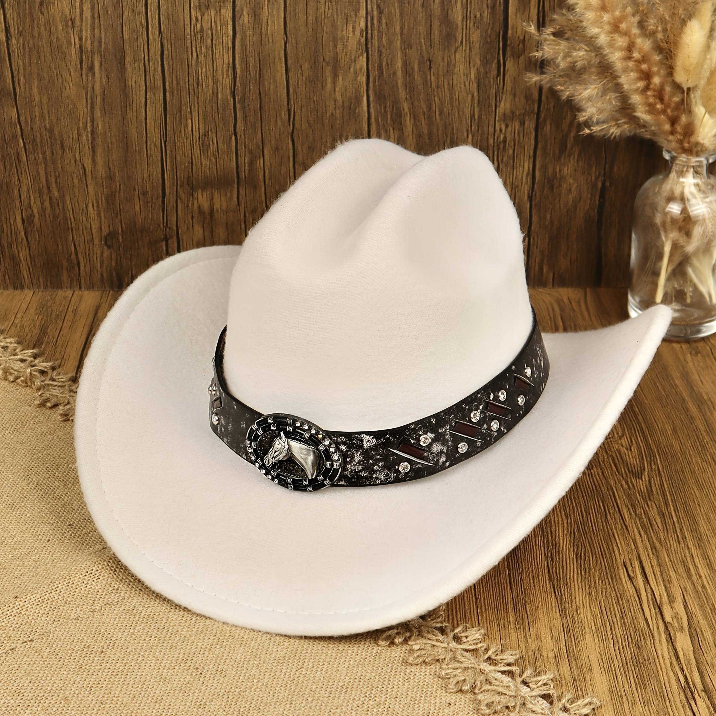 TEMU 1pc Solid Color Retro Western Style Cowboy Hat With Exquisite Fashionable Wide Band Unisex Outdoor Commute Hat