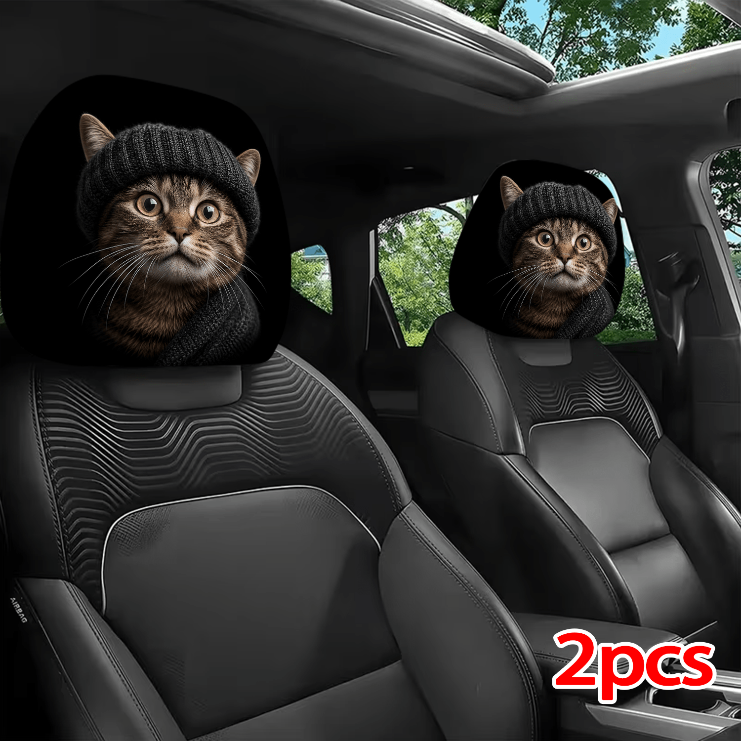 TEMU 2pcs Printed Pattern Car Headrest Covers, Interior Decoration With And Universal Fit Installation, For Interior Additions, Perfect Funny Car