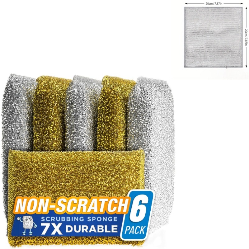 Image of Kitchen Scrubbing Sponges - Heavy Duty Non-scratch Scrubbing Cleaner Sponges In 2 Colors - Multi-surface Non-metal Dish Scouring Scrubbers For Fast Cleaning (golden & Silver, 6)