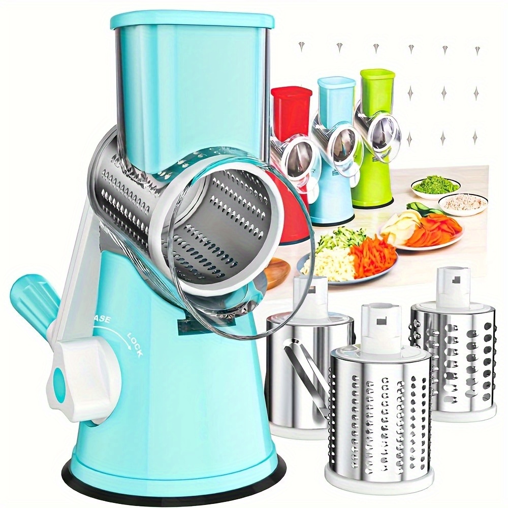 multifunctional 3 in 1   manual cheese and vegetable grater handheld food   potato peeler carrot chopper and vegetable slicer with handle made of durable plastic   easy to clean no electricity needed   kitchen camping and rv use   3 interchangeable blades