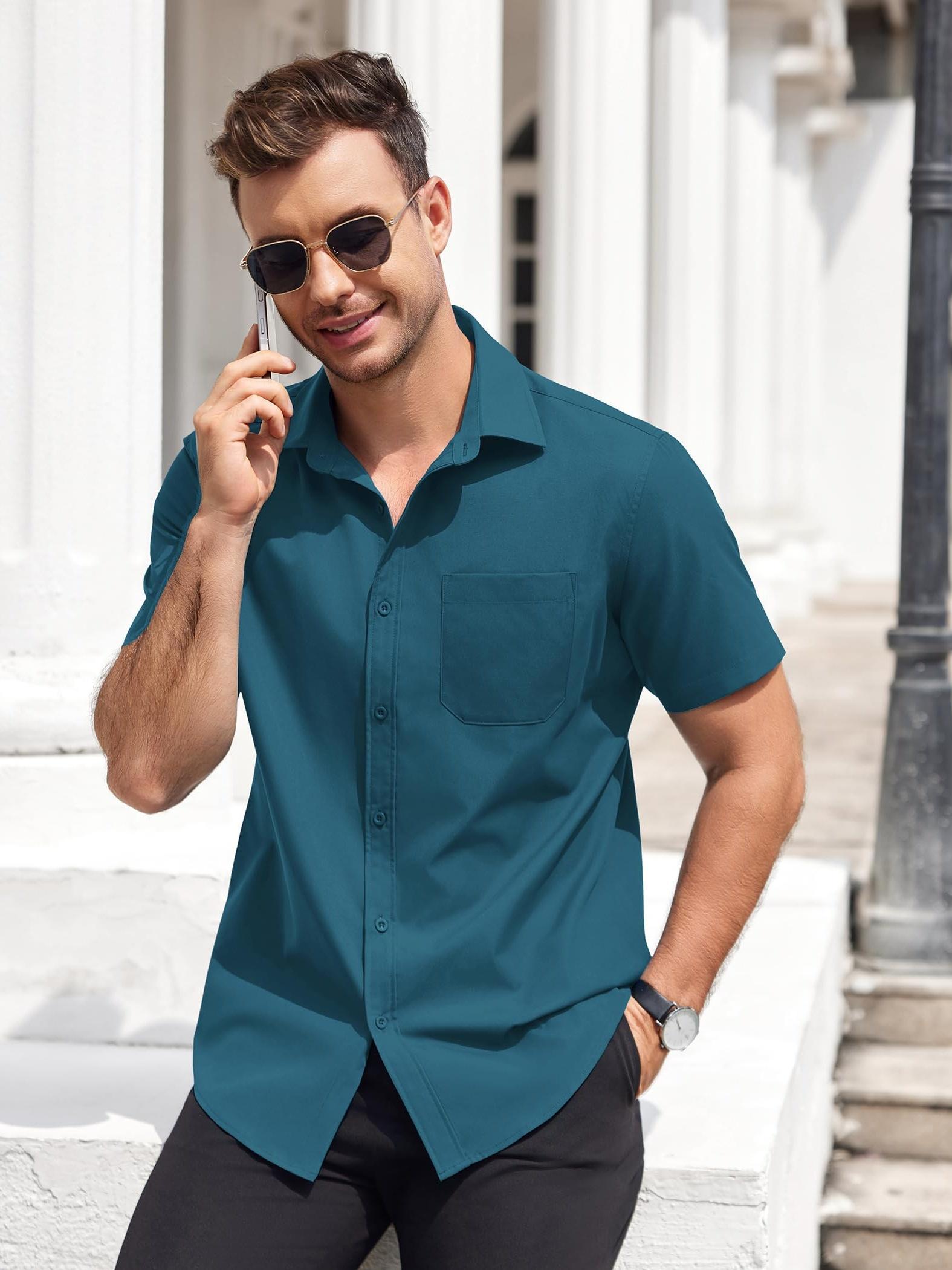slim fit dress slacks Kevin's Performance Short Sleeve Button Down Shirt