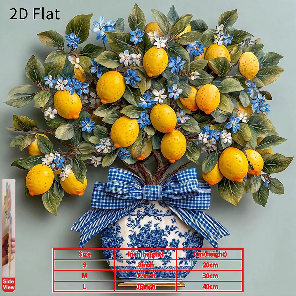 TEMU 2d Flat - 1pc Lemon Tree Metal Wall Art, Rustic Farmhouse Decor, Blue Floral Vase With Bow, Dining Room Wall Sign, Home Gift, Ideal For
