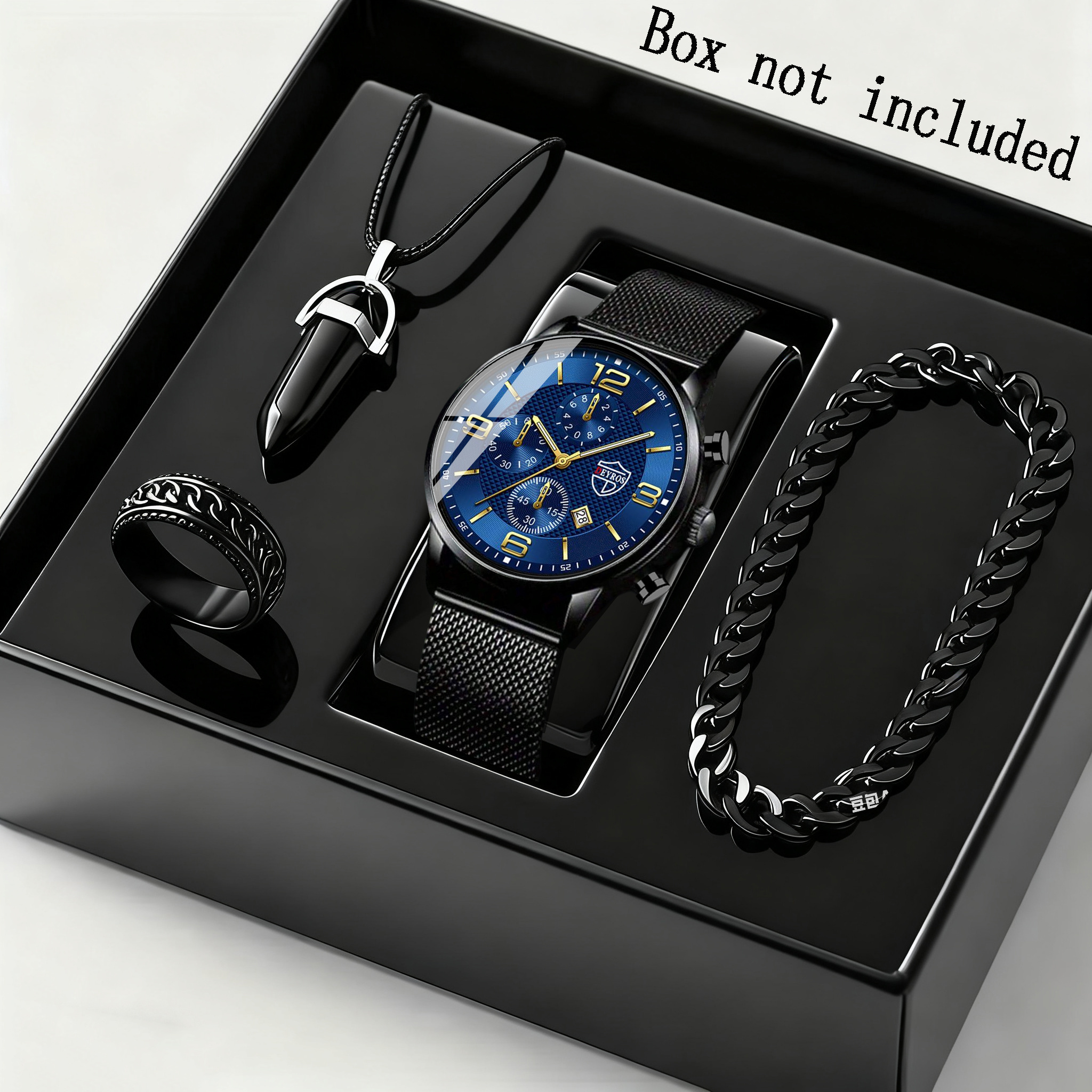 TEMU 4pcs/ Set Men's Elegant Quartz Watch & Bracelet Set | Stainless Steel | Casual Watch | Business Watch | Bracelet For Men | Men Necklace | Date