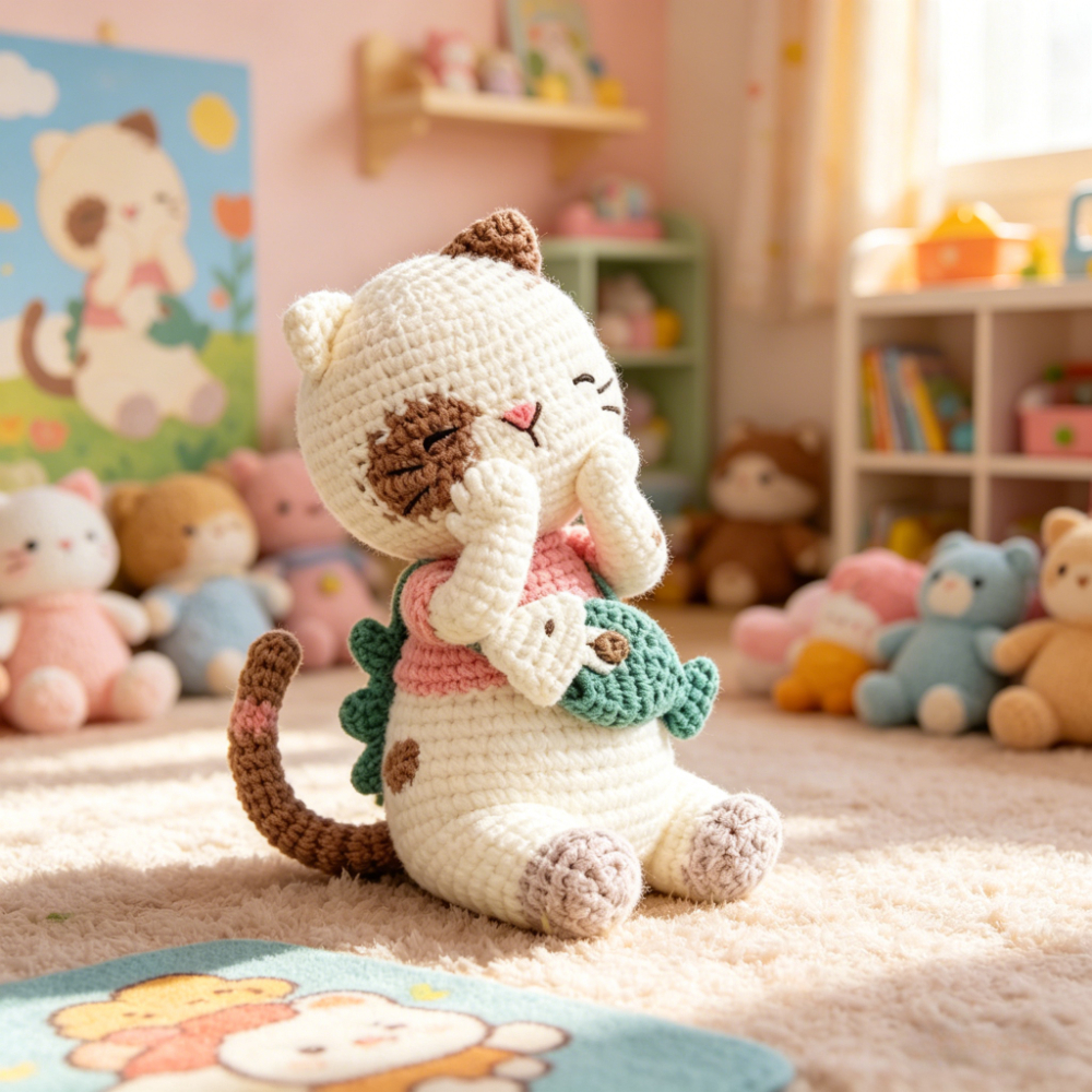 1pc complete diy crochet amigurumi kitten plush doll kit suitable for beginners with yarn tools tutorial handmade cat with fish craft yarn   crochet project for adults kids   home decor easy fun project Product details 0