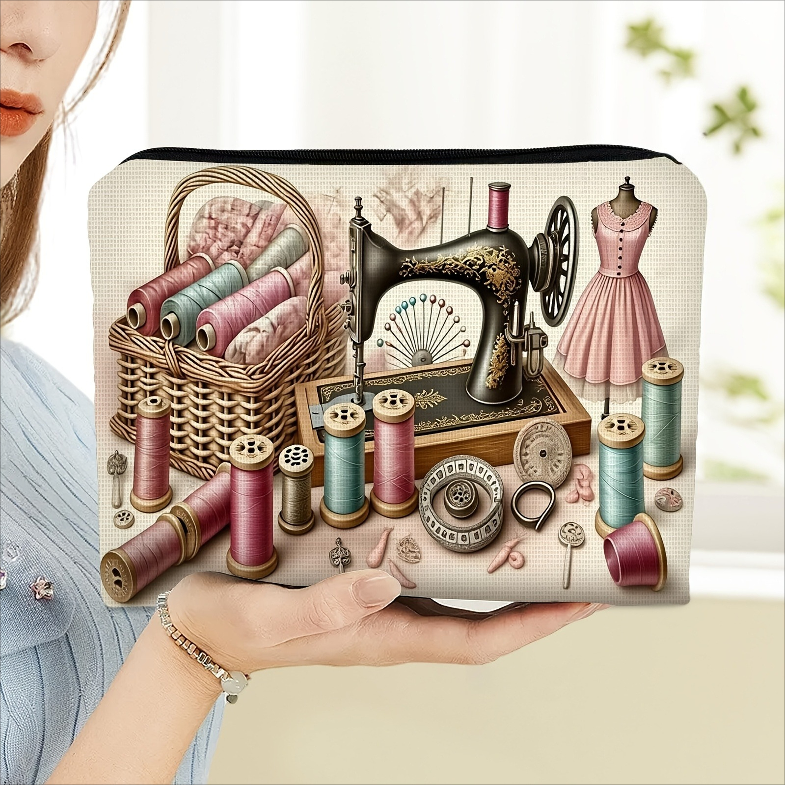 TEMU Retro Sewing Style Makeup Bag, Double-sided Design, For Cosmetic Storage, Retro Sewing Scenes, For Organizing Personal Care Tools, Double-sided