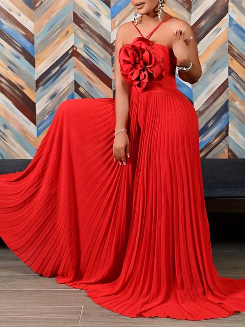 new womens european and hanging neck three dimensional flower solid color wide leg plus size trade jumpsuit