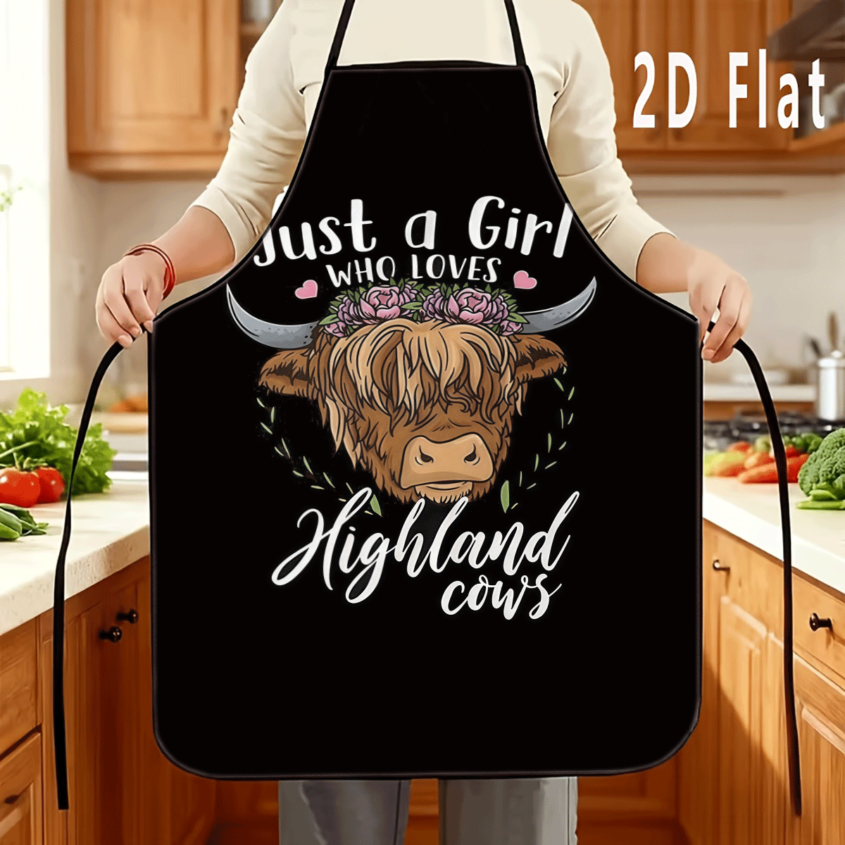 TEMU 1pc 2d Flat "girl Who Highland Cows" Printed Pattern Apron, Durable And Easy To Clean, Adjustable Waistband, Polyester Material, Unisex Cooking