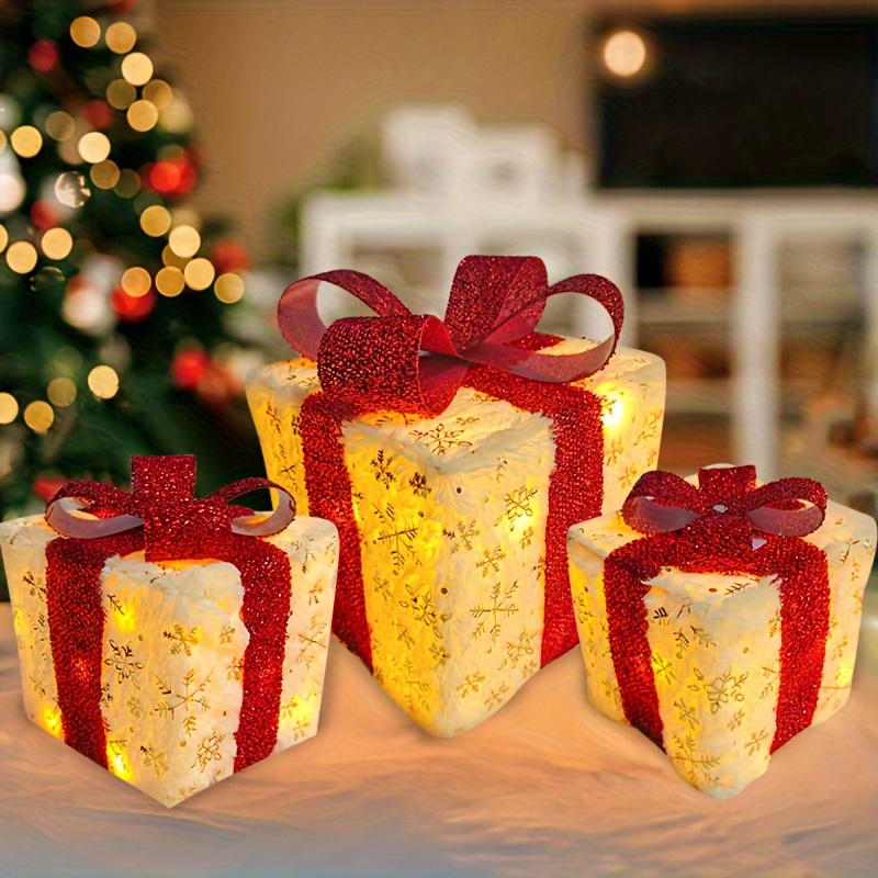 3pcs Plush Christmas Glowing Gift Box, Christmas Red Bow Gift Box, Christmas Party Gift Box with Golden Snowflakes, Suitable for Christmas Tree, Holiday Decoration, Home Decoration, Christmas Celebration Gifts, Collectible Buildings & Accessories, Best for Christmas, Christmas Light Gift Box, Christmas Decoration, Christmas Stuff Cheap, Christmas Village, Christmas Home Decoration