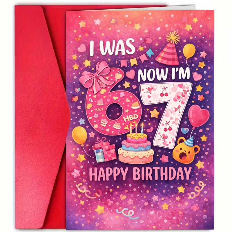 TEMU 1 carte d'anniversaire , avec rose 6 et blanc 7, décorée de gâteau, de ballons et d'. Célébrant de 6 à, idéale pour amis. Cette carte est
