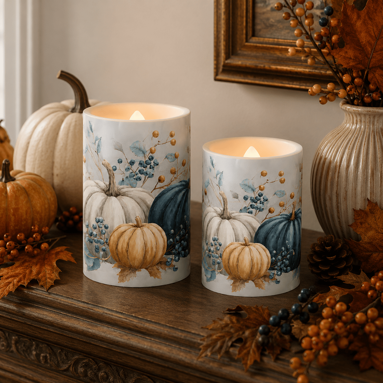TEMU Flameless Candles, 2 Pack Autumn Pumpkin Led Candle Lights, Flameless Candle Lamp With Blue Berry Print, Fall Decorative Pillar Candles For