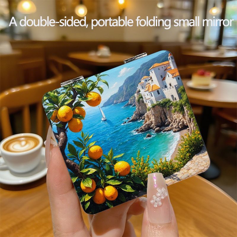 TEMU Portable Double-sided Makeup Mirror - A Folding Travel Mirror Featuring A Design The Lemon Of The Amalfi , Ideal For Your Purse, A Cosmetic Hand