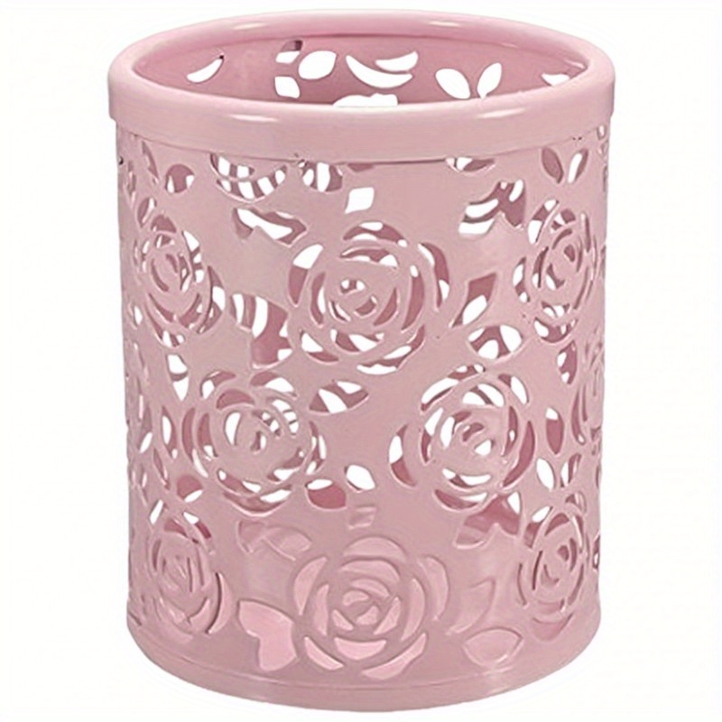 TEMU 1 Pchollow Rose Flower Pattern Pen Holder Wear Resistant Metal Pencil Pot Stationery Rack For Students Teachers Office Desk Gift