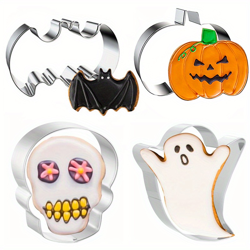 halloween cookie cutters set 4pcs high quality stainless steel baking molds bat pumpkin skull shaped cutters easy dishwasher safe for bakers diy cake decor for halloween thanksgiving Product details 0