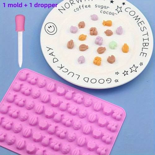 ensemble combiné (moule à bonbons en silicone de de fruits à 66 cavités et compte- ) plateau de cuisson antiadhésif, adapté aux gummies au chocolat, à la fabrication de bonbons - cerises, , pommes, ananas - 428 °f, facile à démouler, outil de cuisine amusant