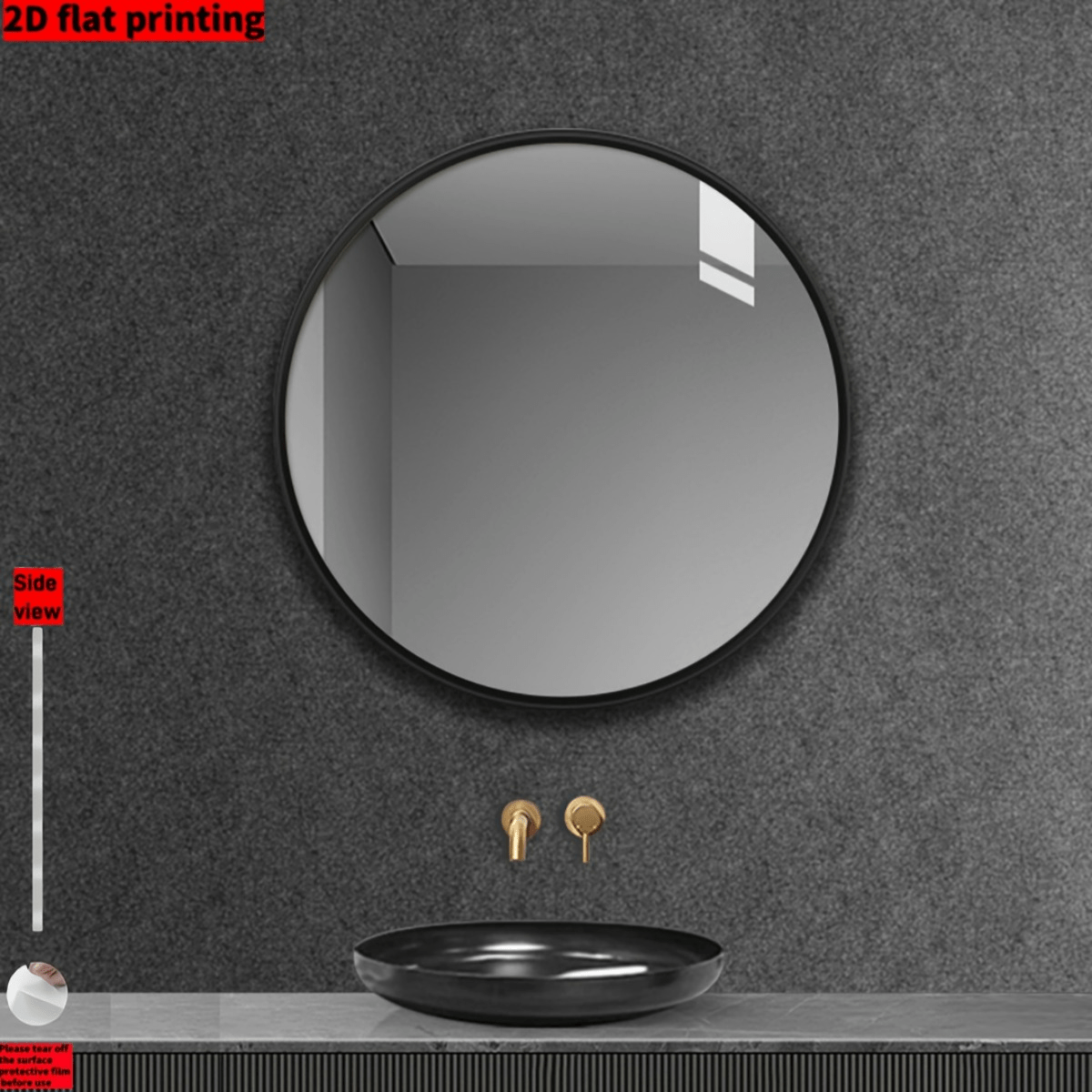 Espejo de tocador moderno minimalista para pared, 40.01 cm, impresión plana 2D, marco negro, plástico ligero, anti-rotura, fácil de instalar, no requiere perforación, acrílico transparente, tema de dibujos animados, ideal para baño, decoración del hogar