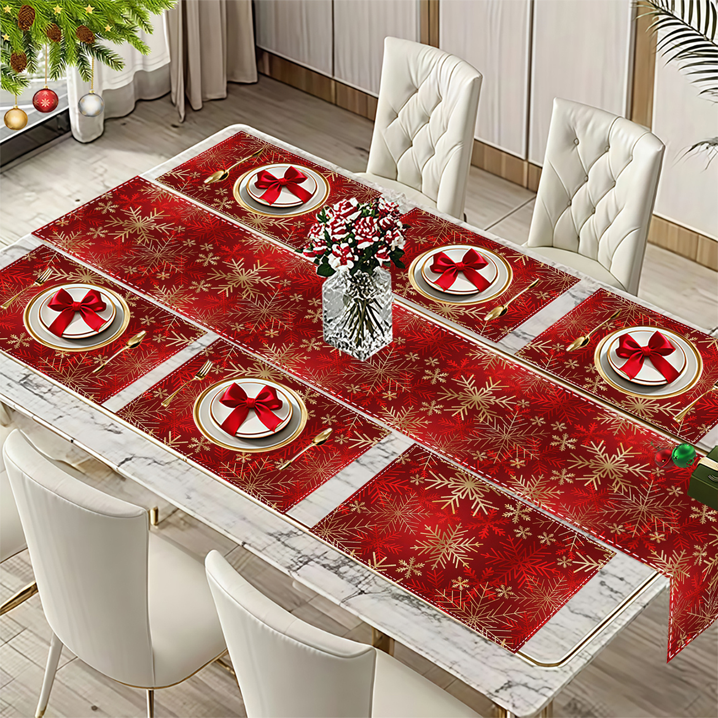 TEMU 4pcs/5pcs/7pcs, Christmas Table Runner And Placemat Set With Snowflake , Rectangular Table Mats, Christmas Table Decor, Suitable For Holiday