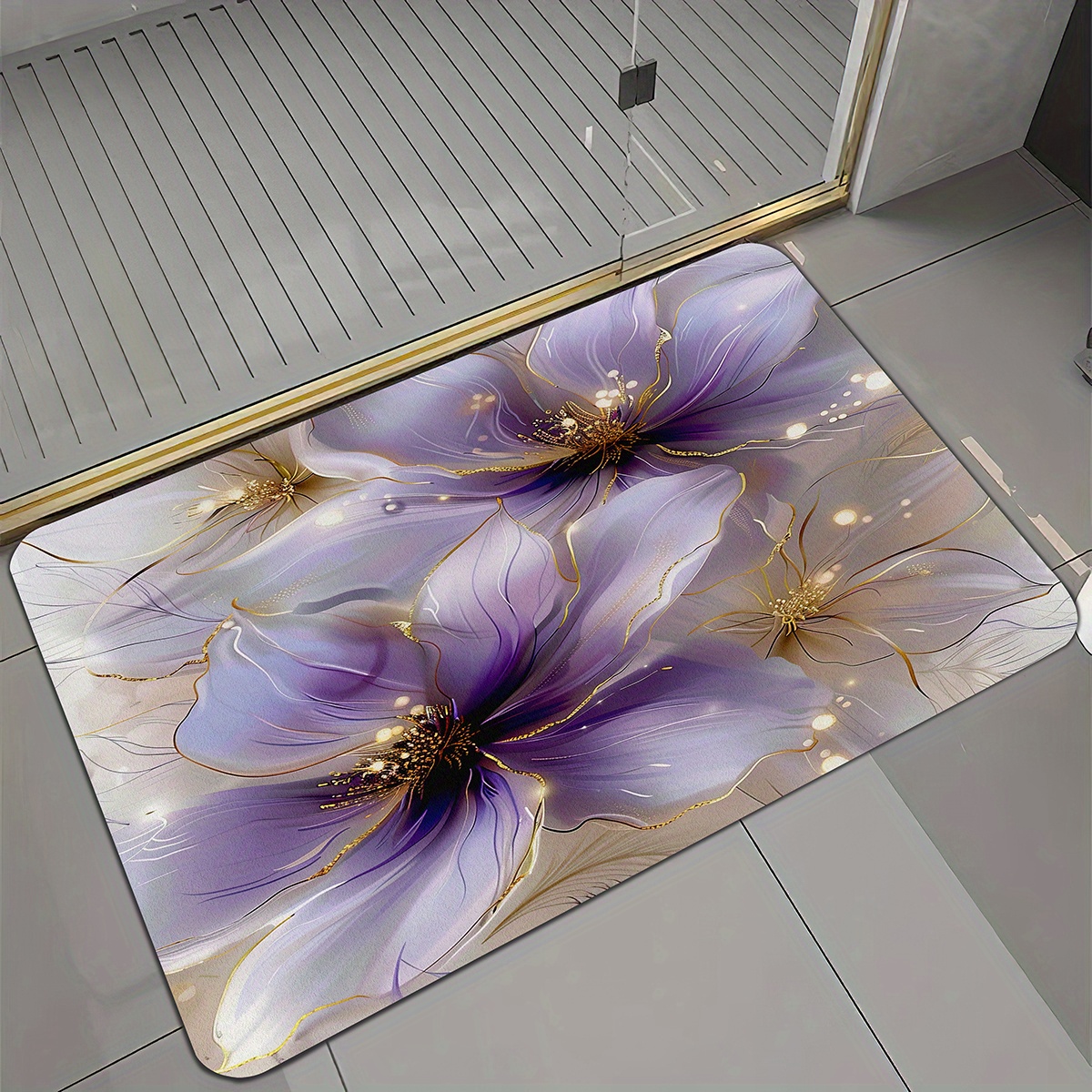 TEMU 1pc, Purple Flower Pattern Floor Mat, Bathroom Absorbent Floor Mat, Absorbent Anti Slip Bathtub Mat, Shower Basin Foot Mat, Bathroom Door Mat,