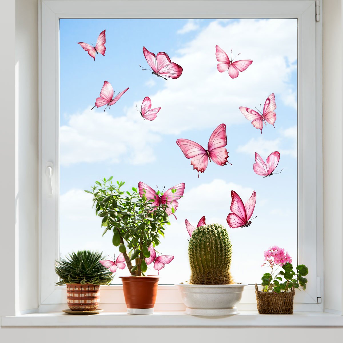 1pc Pink Window Decal, Beautiful Artistic Flying Butterflies Glass Sticker, Adhesive-free Static Cling, Natural Pink Pattern Window Sticker, Home Decor