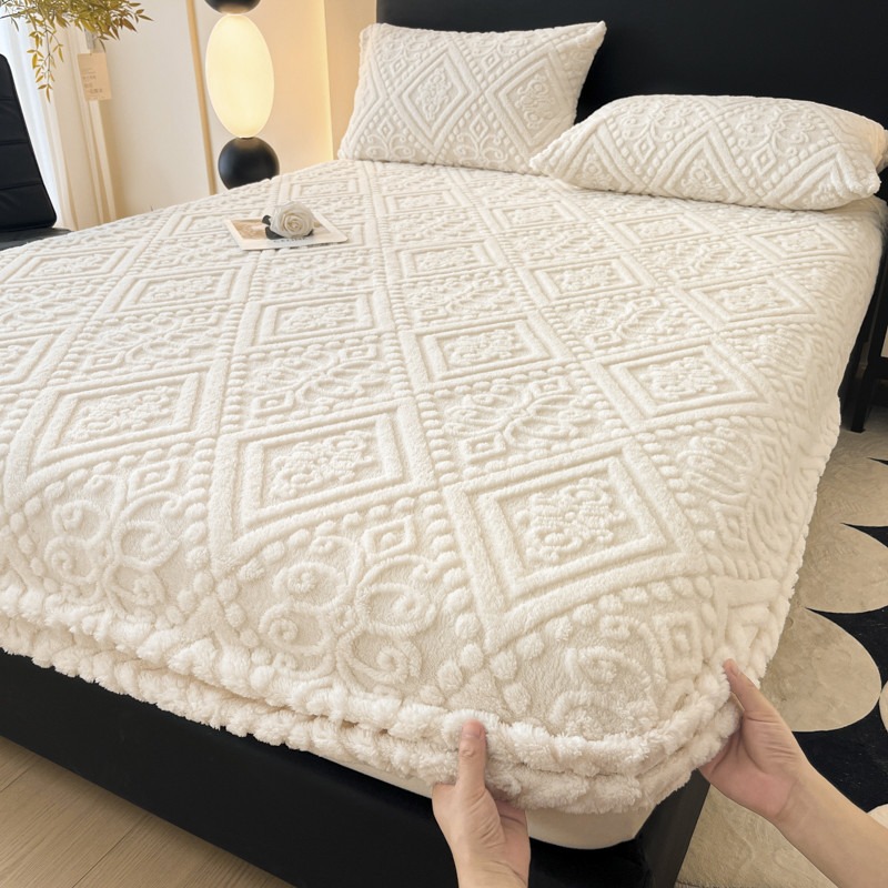 Image of Plush Fitted Mattress Cover, Soft Embossed Winter Bedspread With Elasticized Edges, Warm Cozy Bedding For Double Bed, Christmas Home Gift