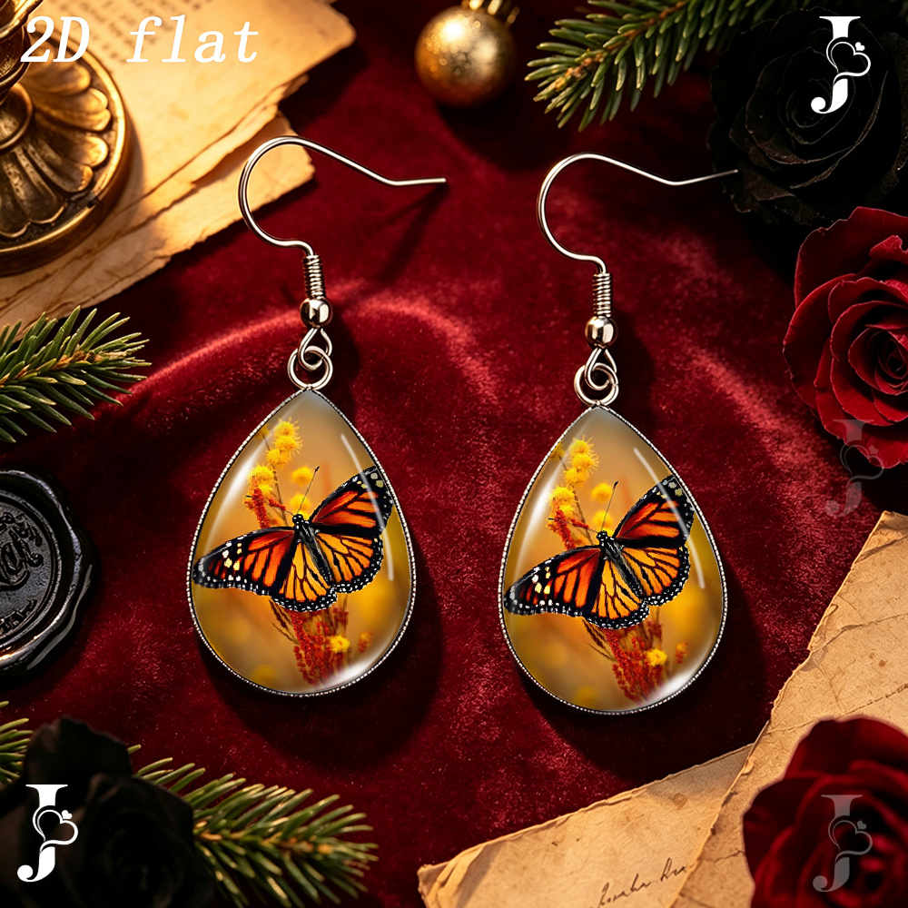 Teardrop Dangle Earrings with Monarch Butterfly Pattern