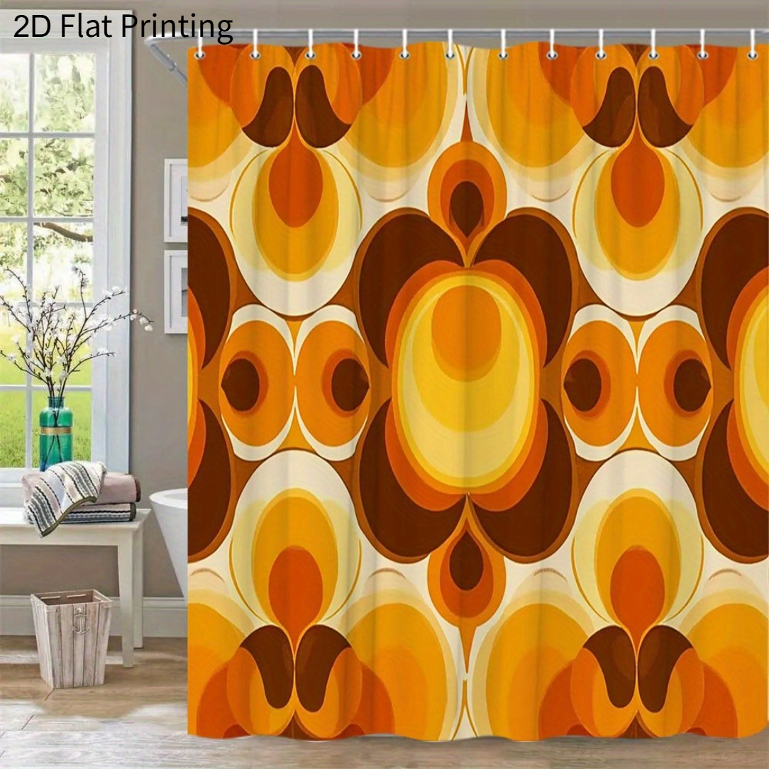TEMU 2d Flat, 2d Flat, 2d Curtain 1pc Retro Geometric Bath Curtain, 1960s Inspired Orange-yellow Brown Abstract Shapes Medieval Modern Retro Pattern